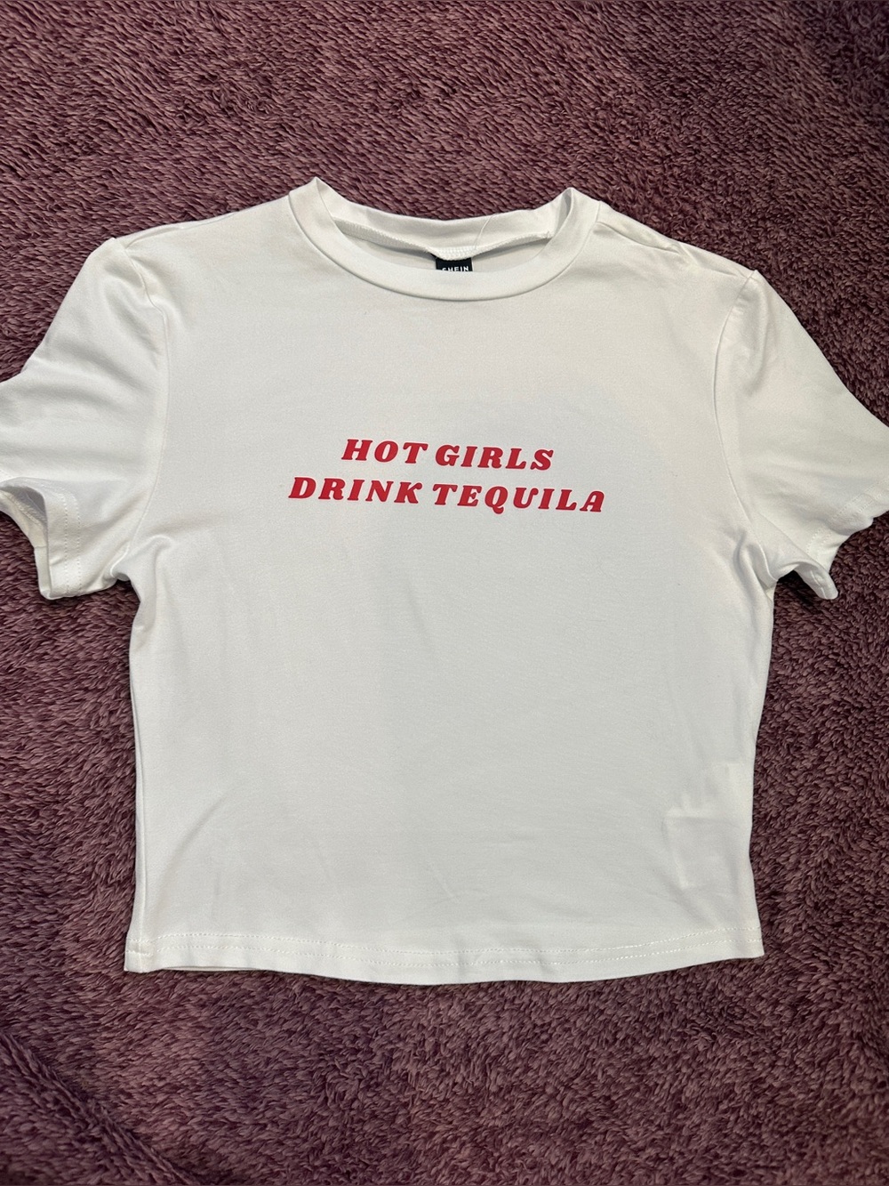 SHEIN White Crop Tee with Red 'HOT GIRLS DRINK TEQUILA' Graphic